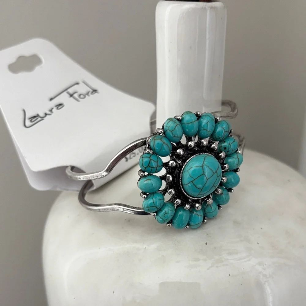 Laura Ford Silvertone double row, faux turquoise stones,Concho,cuff bracelet